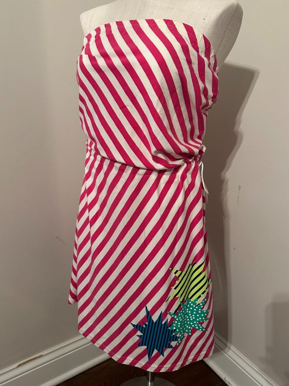 Y2K Fornarina Italy White and Pink Striped Pop Art Strapless Dress Size Small